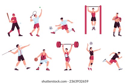 Athlete characters collection. Cartoon fitness and sports persons, active persons doing physical activity, male female characters in exercise clothes. Vector set of fitness gym person illustration