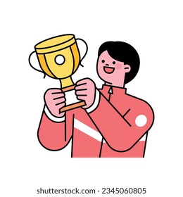 An athlete is cheering with a championship trophy in his hand. outline simple vector illustration.