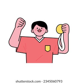 An athlete is cheering with a gold medal in his hand. outline simple vector illustration.