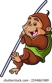 The athlete chimpanzee is pole vault in a competition of illustration