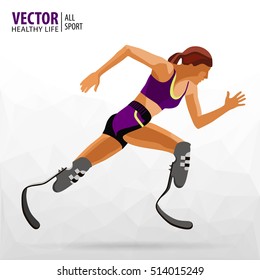 Athlete with a disability. Paralympic. Running. Athletic woman. The prosthetic leg.Championship. Athletics. Vector illustration.