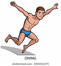 Nadador de buceo atleta aislado sobre fondo blanco en estilo de dibujos animados. Ilustración vectorial.