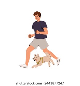 Athlete does sport with his dog together. Man training, jogging with fluffy puppy. Owner running during walk loyal doggy, pup. Active lifestyle. Flat isolated vector illustration on white background