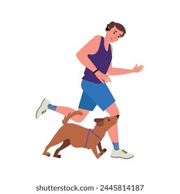 Athlete does sport with his dog together. Man training, jogging with fluffy puppy. Owner running during walk loyal doggy, pup. Active lifestyle. Flat isolated vector illustration on white background