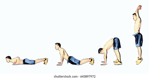 an athlete doing exercises lying on the floor and then jumping to the top with cotton hands over  head