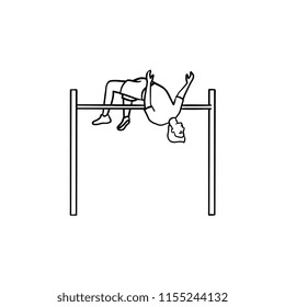 Athlete doing pole vault hand drawn outline doodle icon. High jump training, athletics competition concept. Vector sketch illustration for print, web, mobile and infographics on white background.