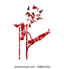Athlete doing pull up man fitness and horizontal bar vector background abstract illustration made with polygon fragments isolated on white