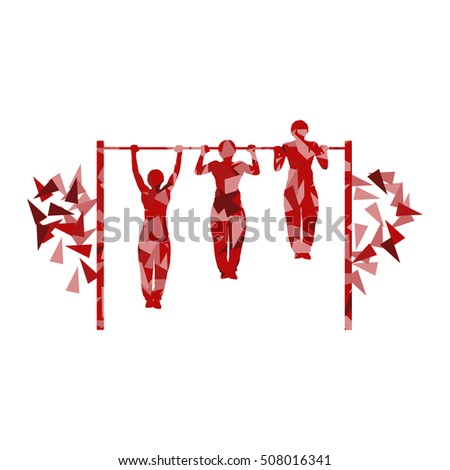 Athlete doing pull up man fitness and horizontal bar vector background abstract illustration made with polygon fragments isolated on white