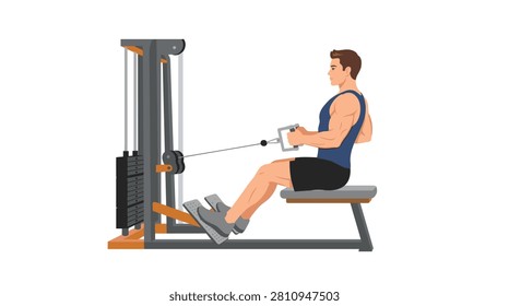 Athlete Doing Seated Cable Row Back Training Vector Illustration