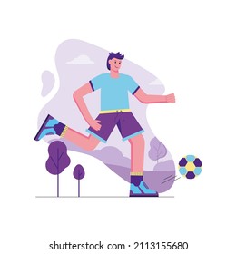 Athlete doing sports activities modern flat concept. Man in uniform with ball plays football. Sportsman training before competition outdoor. Vector illustration with people scene for web banner design