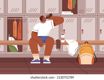 Athlete drinking water, sitting on bench in gyms dressing room with lockers. Black man with bottle in cloakroom after workout in sports center, fitness club. Flat graphic vector illustration