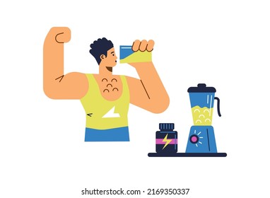 Athlete drinks protein gainer to increase energy and body mass, flat vector illustration isolated on white background. Sportsman bodybuilder takes sports supplements.