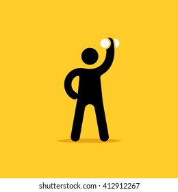 Athlete with dumbbells - black, white and yellow vector illustration. 