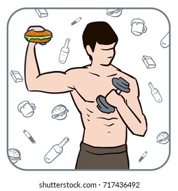 The athlete eats and coaches the concept of diet and sport. Vector illustration