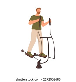 Athlete exercise on orbitrack, warming up and working out using sports devices and equipment. Growing muscles, cardio training. Flat cartoon character, vector illustration