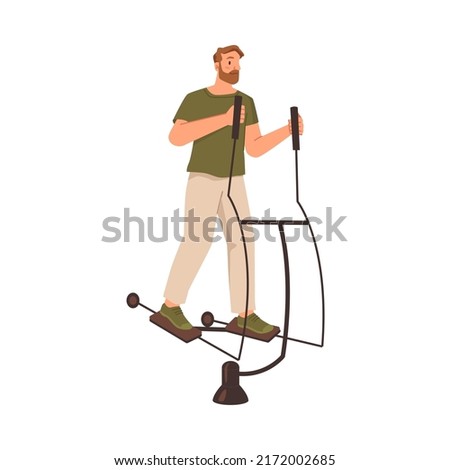 Athlete exercise on orbitrack, warming up and working out using sports devices and equipment. Growing muscles, cardio training. Flat cartoon character, vector illustration