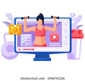 Athlete exercising with dumbbells. Online video training with female trainer doing exercises