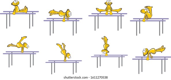 Athlete exercising on parallel bars. Set of eight illustrations in cartoon style of a male gymnast doing his routine on the parallel bars. Vector image available in EPS 10.