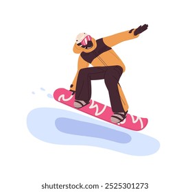 Atleta do esporte de inverno extremo faz truques, acrobacias, saltando com prancha de neve. Cavaleiro profissional em capacete, óculos, snowboarding em roupa exterior na estância de esqui. Ilustração de vetor isolado plano em branco