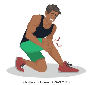 Atleta que siente dolor severo de rodilla, lesión de rodilla. Resultado de trotar o trauma, lesión en las extremidades. Ilustración vectorial de Personas de dibujos animados.