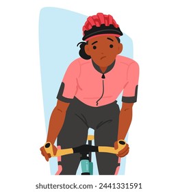 Carreras de personajes femeninos. Ciclista Deportista, Cría Y Labios Bajados, Pedalea Ferozmente, Su Rostro Es Un Retrato De Determinación Teñido De Frustración. Ilustración vectorial de personas de dibujos animados