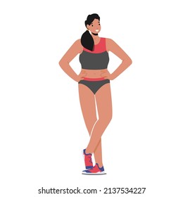 Athlete Female Character Wear Uniform and Sneakers Stand with Arms Akimbo Isolated on White Background. Sportswoman Runner Prepare for Competition or City Marathon. Cartoon People Vector Illustration