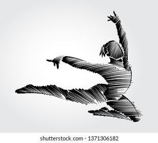 Athlete female gymnast jumping forward in graceful motion. Drawing with black brush strokes in sketch-shape on light background