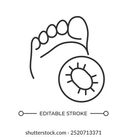 Icono lineal de pie de atleta. Infección micótica del pie. Enfermedad de la piel. Pie y microorganismo. Dermatología. Higiene. Ilustración de línea delgada. Símbolo de contorno. Dibujo de contorno de Vector. Trazo editable