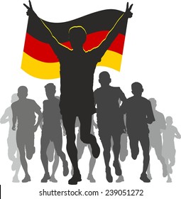 Athlete with the Germany flag at the finish