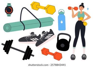 Athlete girl with gym accessory set. Workout equipments, yoga mat, sportswear and bag. Modern isolated vector illustration.
