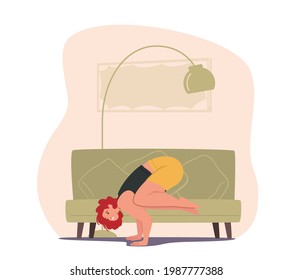 Athlete Girl at Home Stand on Hands in Yoga Asana. Relaxed Young Woman Enjoying Rest Meditation, Training Body for Loss Weight and Healthy Lifestyle, Body Training. Cartoon Flat Vector Illustration