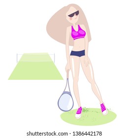 Athlete girl, with perfect body shapes, on tennis courts, in sports uniform, drawn in a cartoon, stylized manner, in her hand a tennis racket, vector image