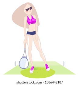 Athlete girl, with perfect body shapes, on tennis courts, in sports uniform, drawn in a cartoon, stylized manner, in her hand a tennis racket, vector image