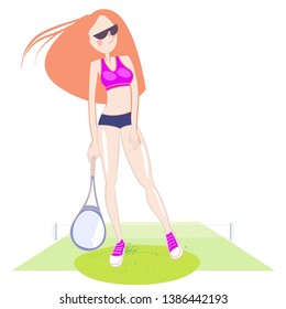 Athlete girl, with perfect body shapes, on tennis courts, in sports uniform, drawn in a cartoon, stylized manner, in her hand a tennis racket, vector image