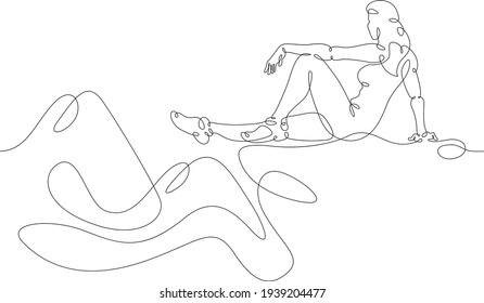 Athlete girl sitting the edge cliffs  mountains in the background  One continuous drawing line  logo single hand drawn art doodle isolated minimal illustration 