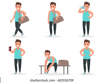 El atleta va al gimnasio, bebe agua, proteínas del agitador. Él cambia de ropa para entrenar. Conjunto de posturas. Ilustración de vectores en un estilo plano