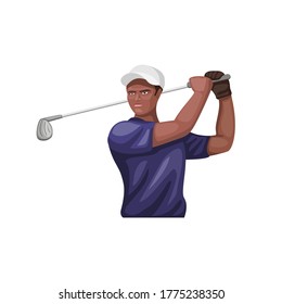 athlete golf character mascot symbol. dark skin man swing golf stick concept in cartoon illustration vector isolated on white background