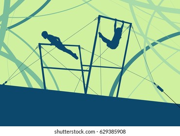 Athlete gymnast exercises on professional gymnastic uneven bars in sport palace abstract vector background