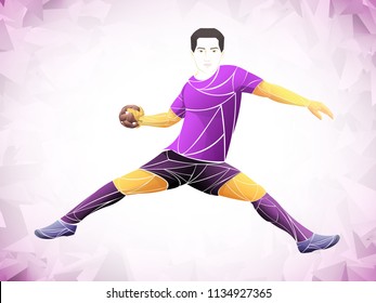 Athlete, handball player sport. Background purple, white, vector triangulation