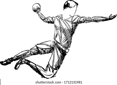 Athlete, handball player sport vector sketch. handball black player illustration on white background.