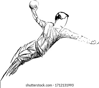 Athlete, handball player sport vector sketch. handball black player illustration on white background.