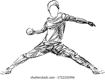 Athlete, handball player sport vector sketch. handball black player illustration on white background.