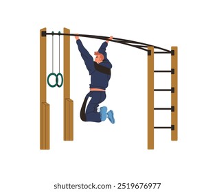 Atleta colgando en la barra Horizontal en la calle de entrenamiento. Un hombre con ropa deportiva hace ejercicio físico con equipo deportivo. Persona entrenando fuerza. Ilustración vectorial aislada plana sobre fondo blanco