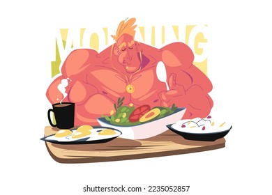 Athlete having breakfast vector illustration. Man sitting at table and having morning meal flat style concept. Healthy food idea