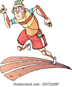 The athlete with the headphones is running on the cinder track. Vector illustration.