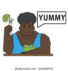athlete and healthy diet, vegetable diet, muscular man holding fork with broccoli, vector image, flat design, cartoon character