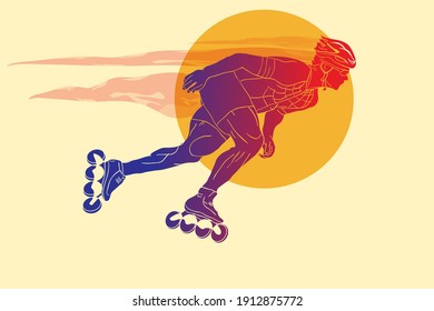 An athlete in a helmet runs on roller skates.