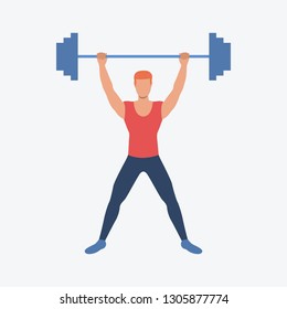 Athlete holding barbell overhead flat icon. Guy, man, sportsman. Fitness concept. Can be used for topics like weightlifting, weight training, powerlifting