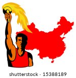 Athlete holding a torch with map of China in the background which illustrates the Beijing Olympics