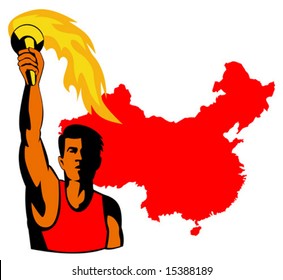 Athlete holding a torch with map of China in the background which illustrates the Beijing Olympics